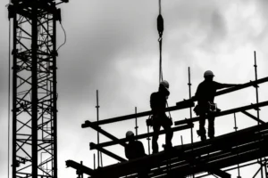 Fremont Scaffolding Rental construction workers silhouette on scaffolding at building site