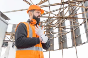 Fremont Scaffolding Rental worker inspecting scaffolding frame with safety gloves and helmet