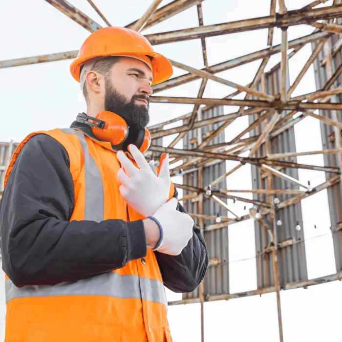 Fremont Scaffolding Rental worker inspecting scaffolding frame with safety gloves and helmet